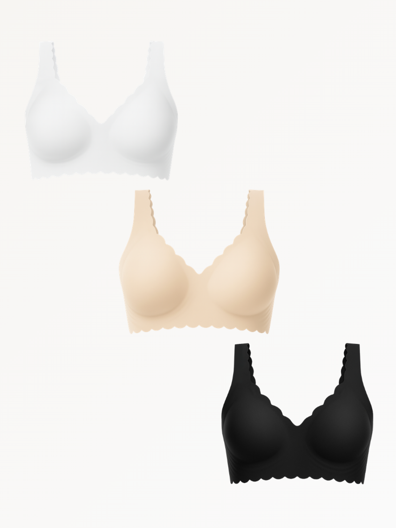 3-Pack Scalloped Deep V Push-Up Seamless Wireless Jelly Bra