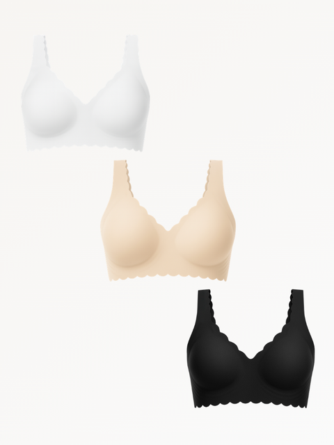3-Pack Scalloped Deep V Push-Up Seamless Wireless Jelly Bra